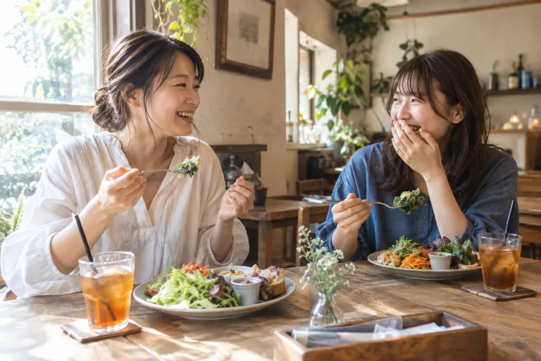 Illustrative friends enjoying lunch at a café