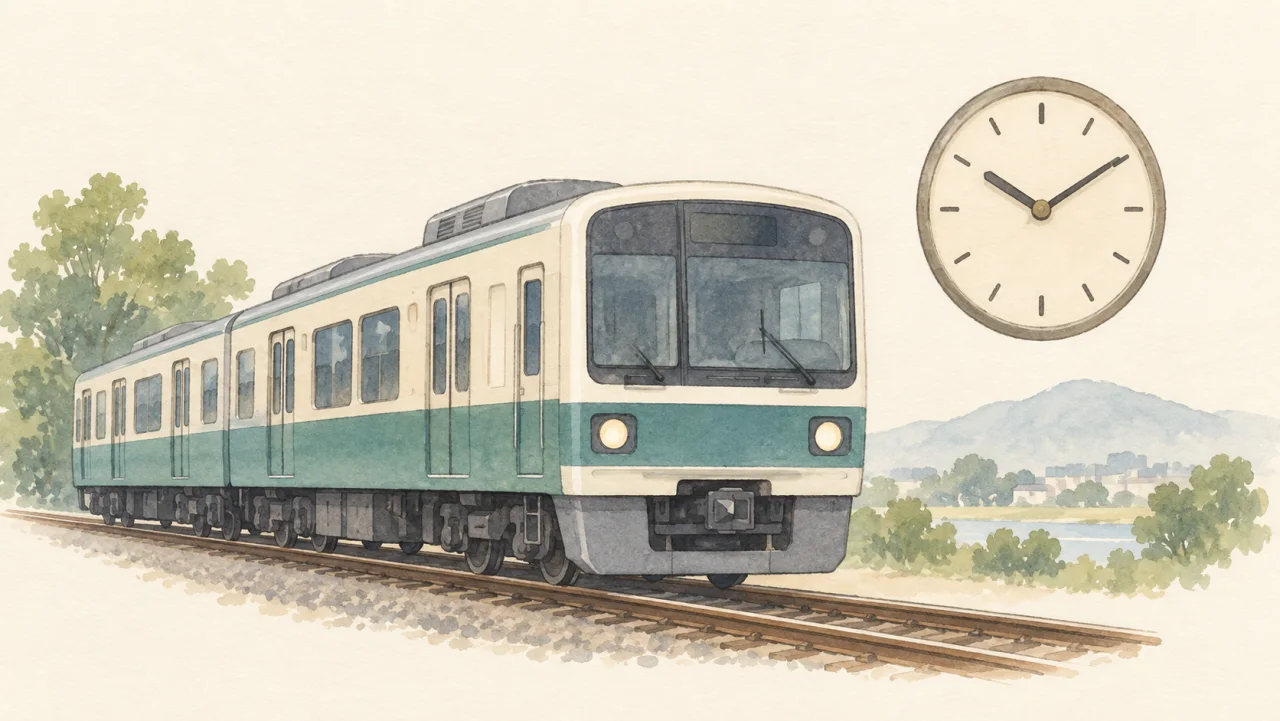電車と時計を描いた鉄道の運行案内のイメージイラスト
