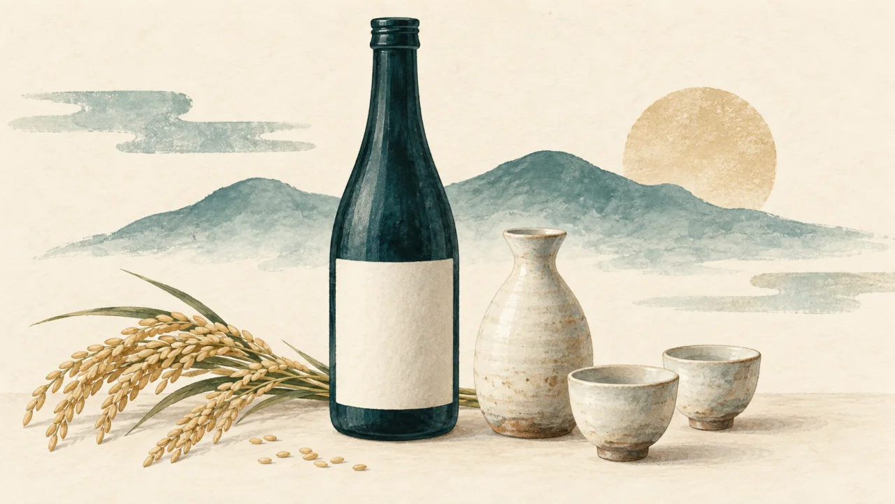 酒瓶と徳利、おちょこ、稲穂を描いた日本酒のイメージイラスト