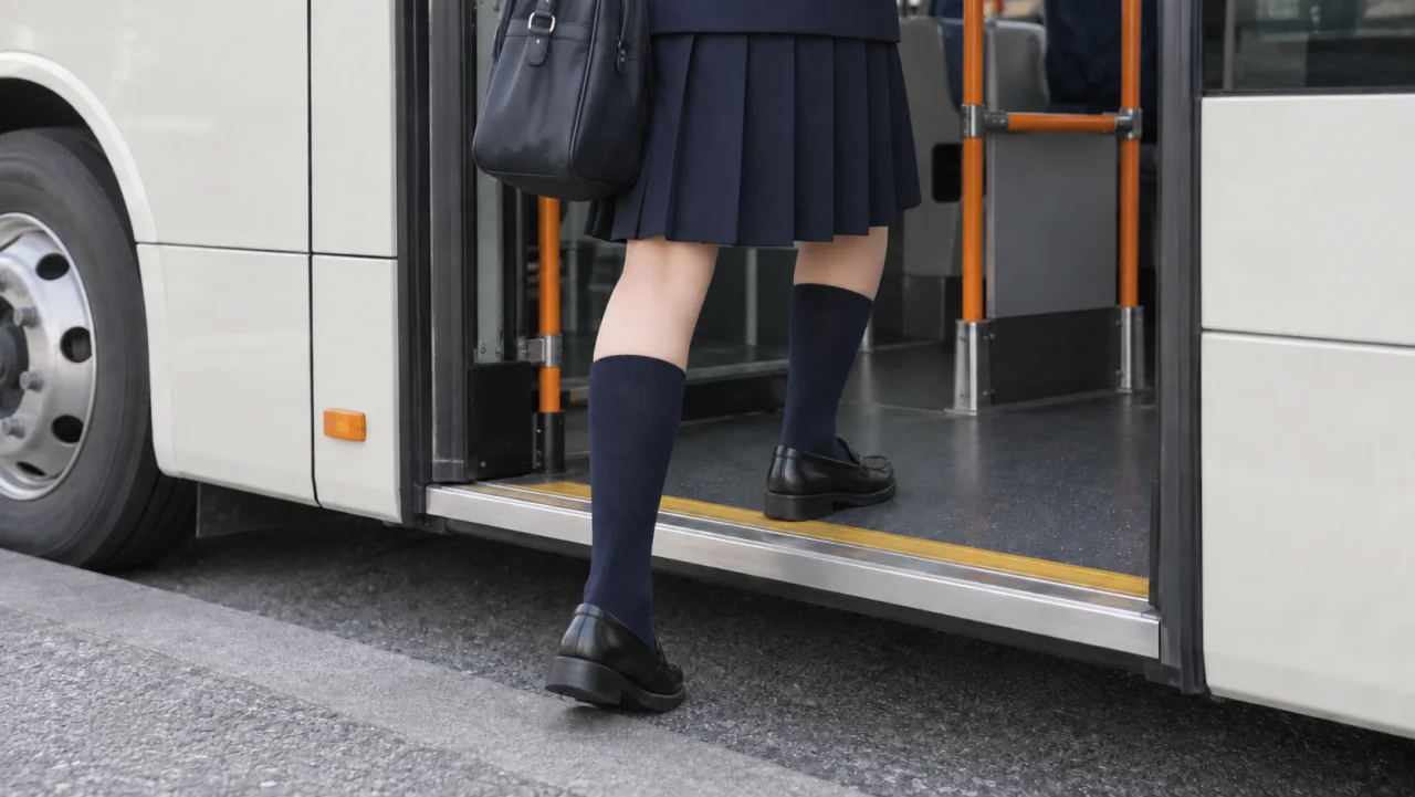 制服姿の生徒が路線バスに乗る足元を題材にしたイメージ写真